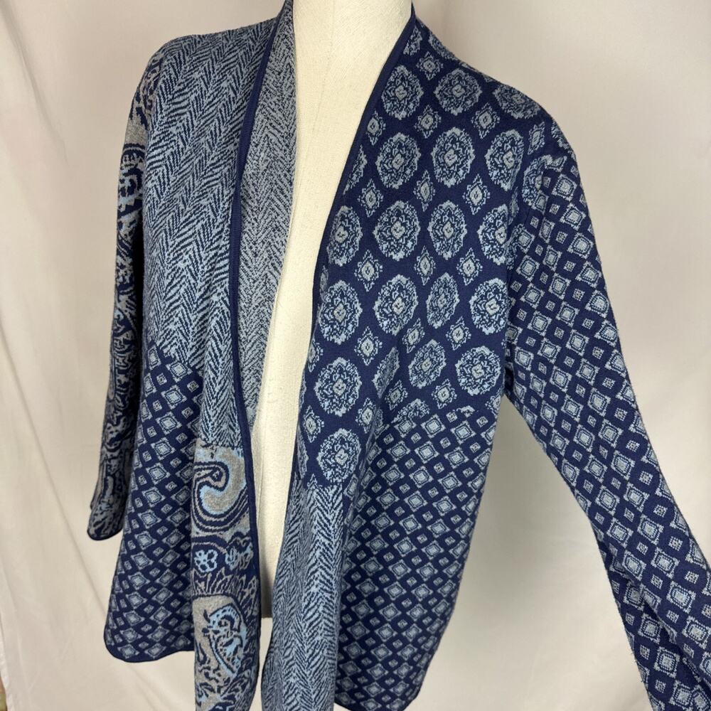 J Jill Paisley LARGE Patchwork 100% Cotton Blue Cardigan Light Sweater Jacket